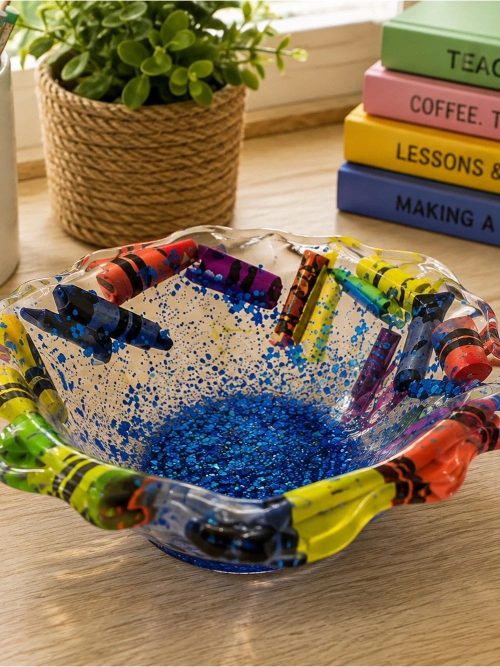 Hand-Blown Multicolor Crayon-Edged  Decorative Bowl - Blue Interior